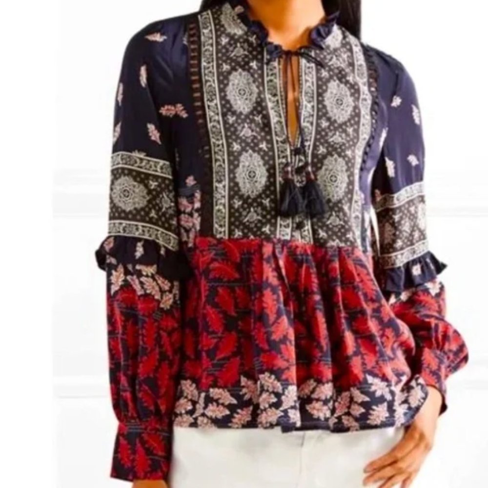 SEA New York Women's Silk blouse multi-colored size 8 long sleeves prairie